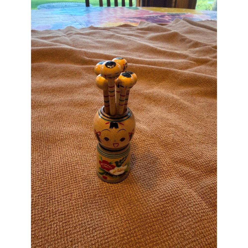 Vintage wooden Japanese kokeshi  doll toothpick holder